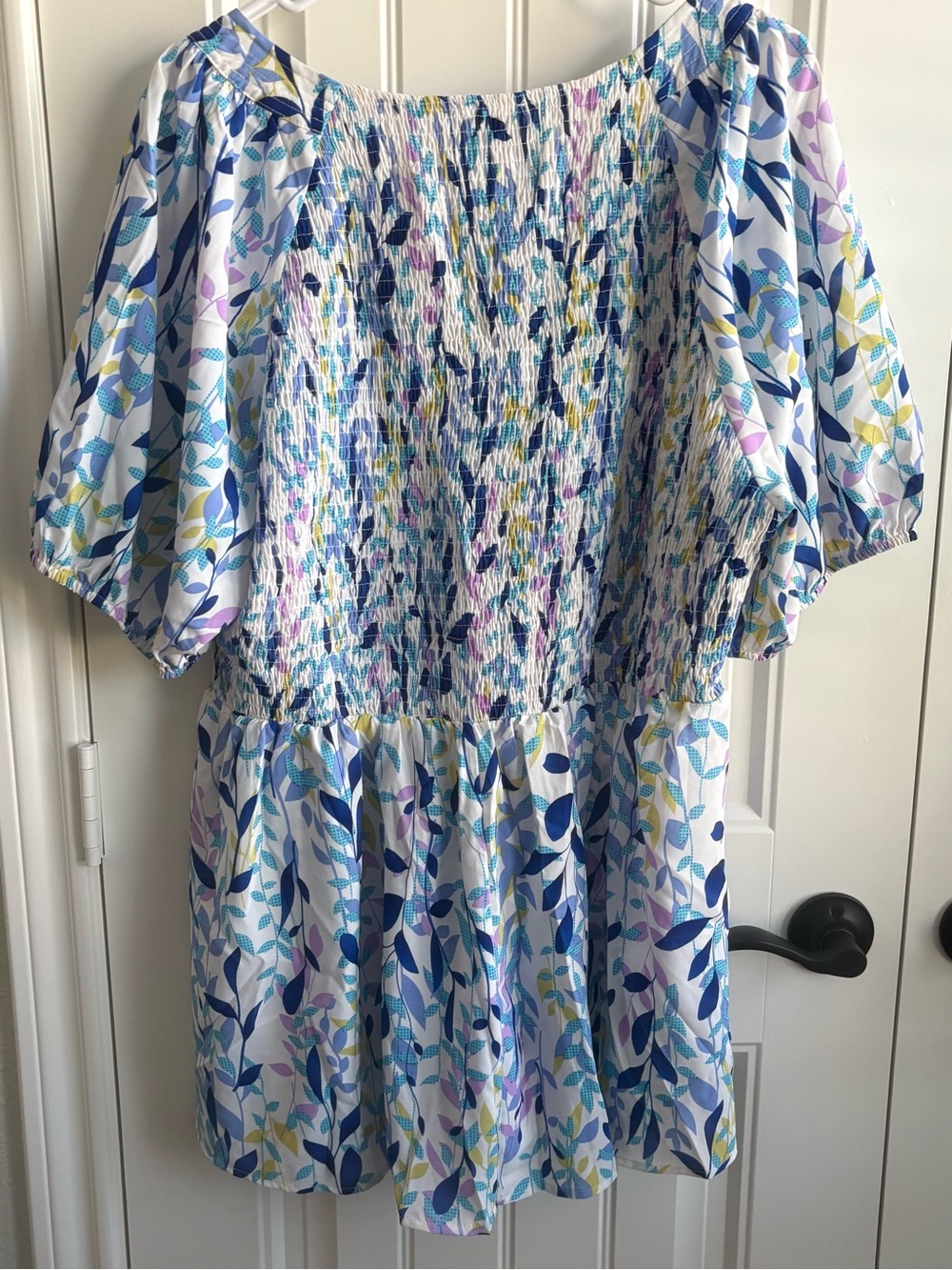 JODIFL Blue, White & Light Purple Leaf-Print Smocked Mini Dress - Picture 3 of 5